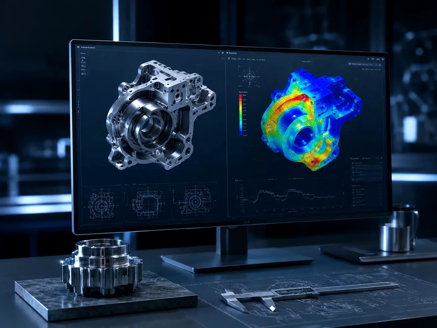 CAD model and engineering analysis displayed on a workstation